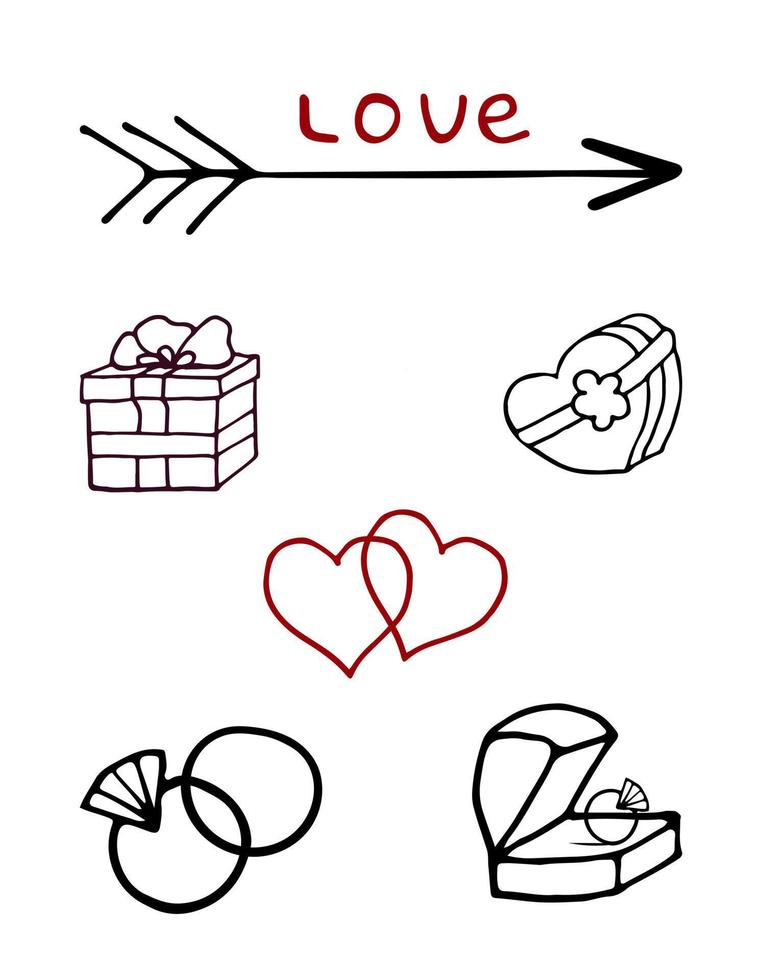 scarabocchio impostato elementi per san valentino giorno linea arte stile. vettore illustrazione. icone e iscrizioni.