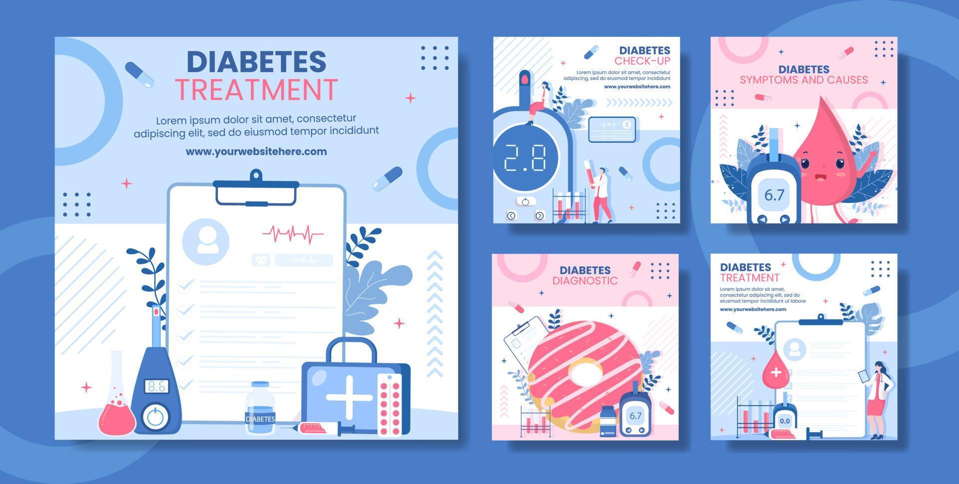 diabete analisi assistenza sanitaria sociale media inviare piatto cartone animato mano disegnato modelli illustrazione vettore