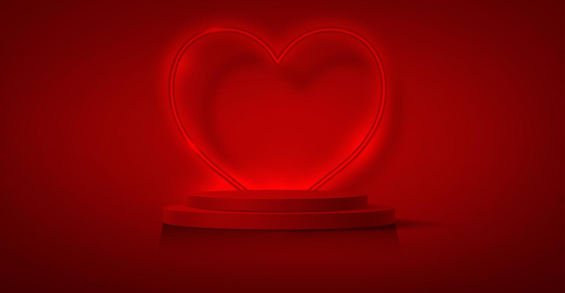 palcoscenico podio decorato con cuore forma illuminazione. piedistallo scena con per Prodotto, pubblicità, mostrare, premio cerimonia, su rosso sfondo. San Valentino giorno sfondo. minimo style.vector illustrazione vettore