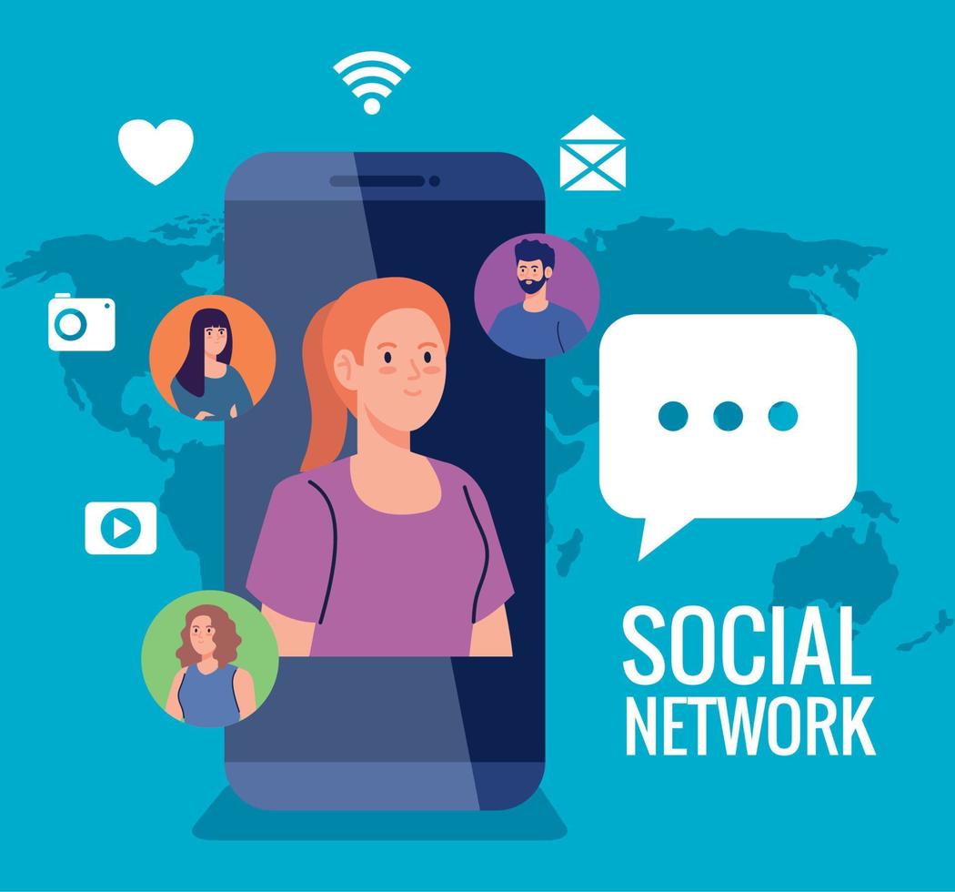 sociale Rete, persone con smartphone e sociale media icone, interattivo, comunicazione e globale concetto vettore