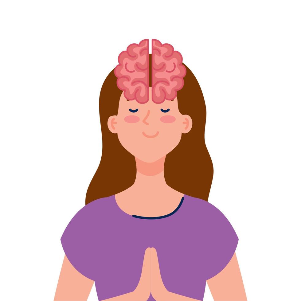 donna che medita con l'icona del cervello, su sfondo bianco vettore