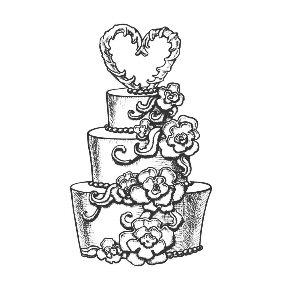 torta decorato fiori e cuore su superiore inchiostro vettore