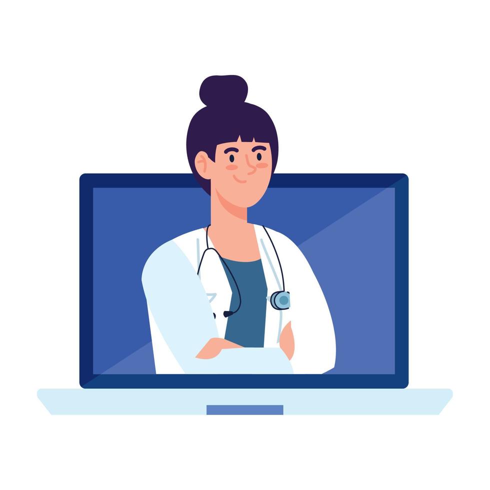 medicina in linea con medico femmina nel computer, su bianca sfondo vettore