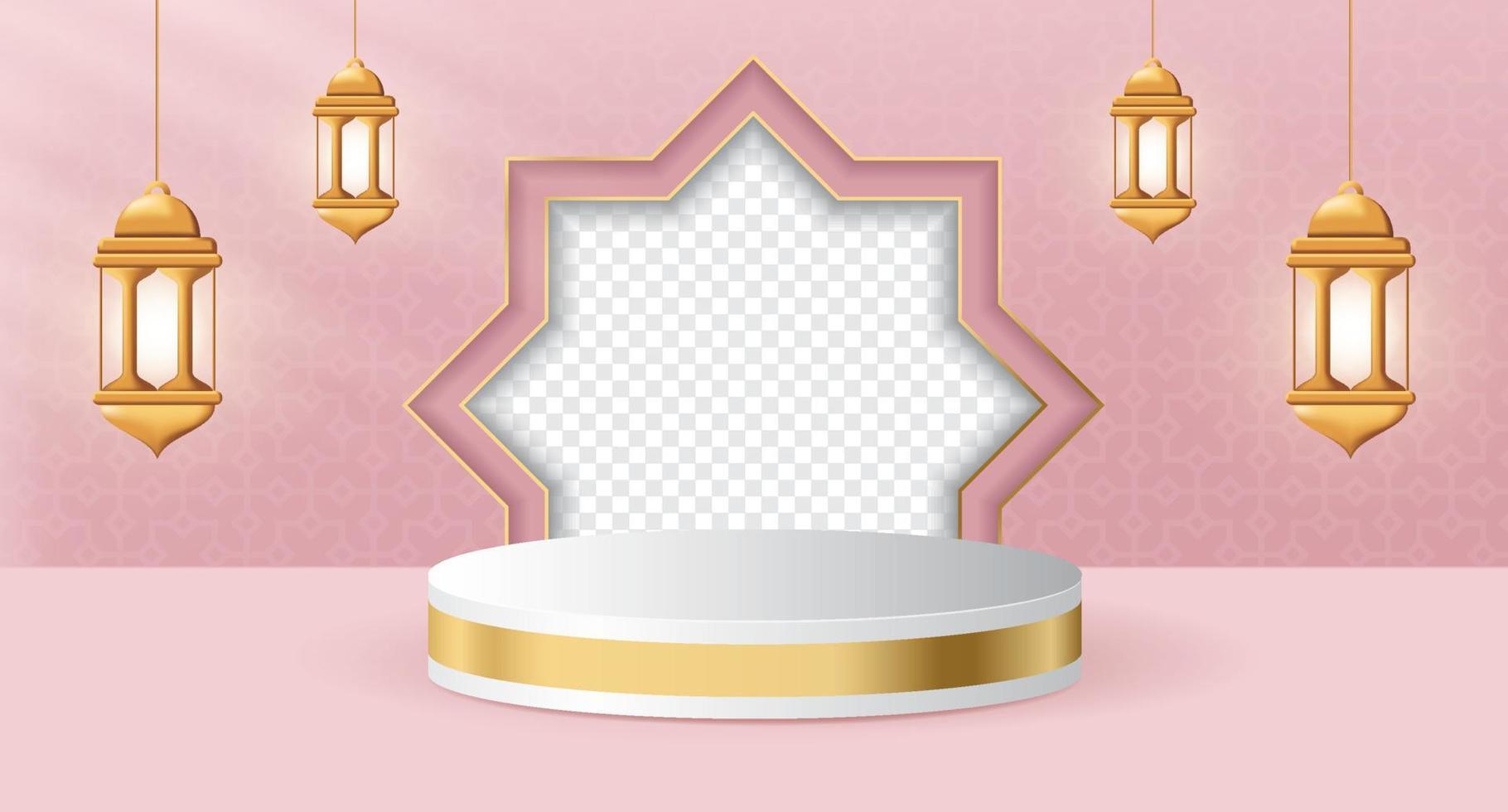 3d Prodotto Schermo podio a tema islamico con lanterna per Ramadan. islamico 3d Schermo podio decorazione con realistico lanterna. sociale media inviare con vuoto spazio per foto. vettore illustrazione