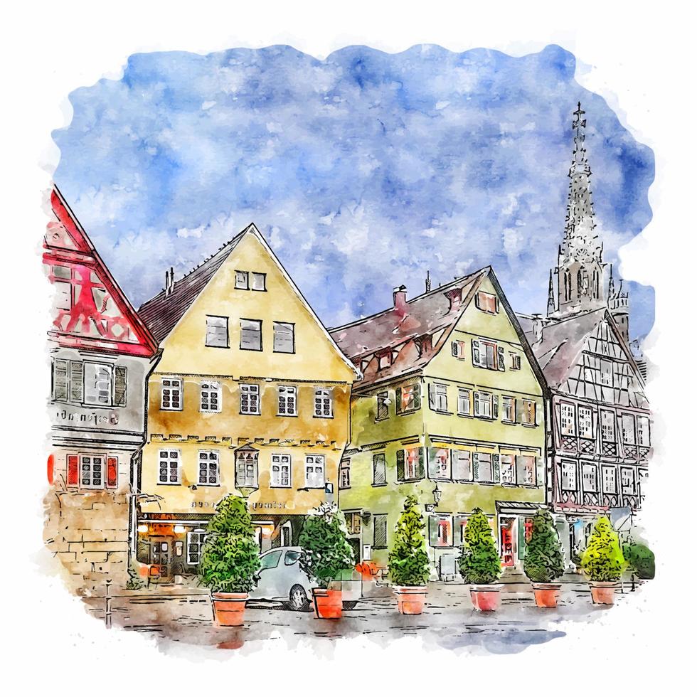 illustrazione disegnata a mano di schizzo dell'acquerello di esslingen germania vettore