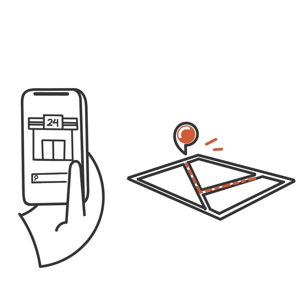 mano disegnato scarabocchio trova memorizzare Posizione a partire dal smartphone illustrazione vettore