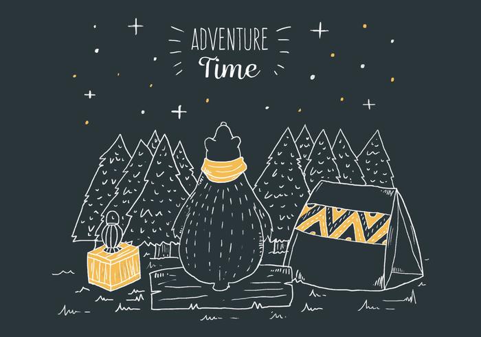 Scena di campeggio di notte in legno con orso tenero e lampada con citazione di viaggio vettore