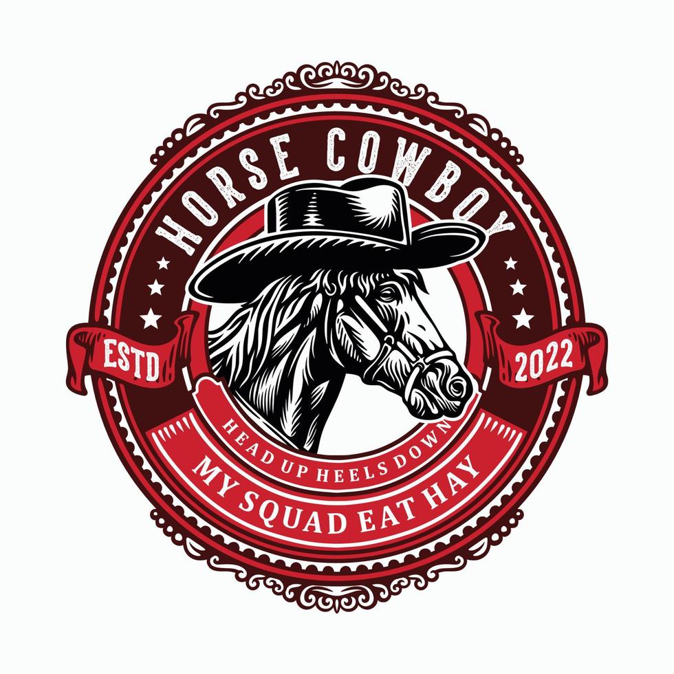 Vintage ▾ logo emblema cavallo indossare cowboy cappello con classico ornamento e classico cerchio disposizione vettore