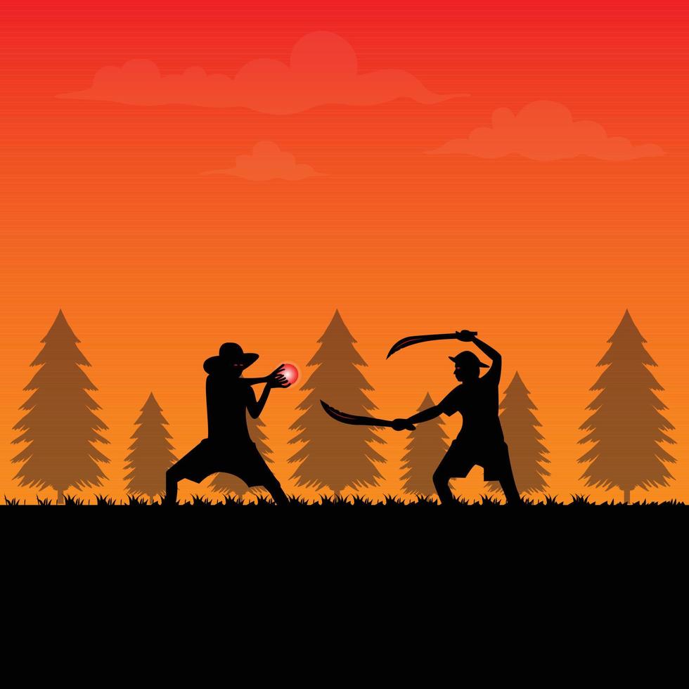 2 ninja combattente a tramonto con magico energia e Armi piatto illustrazione, ninja guerra illustrazione vettore