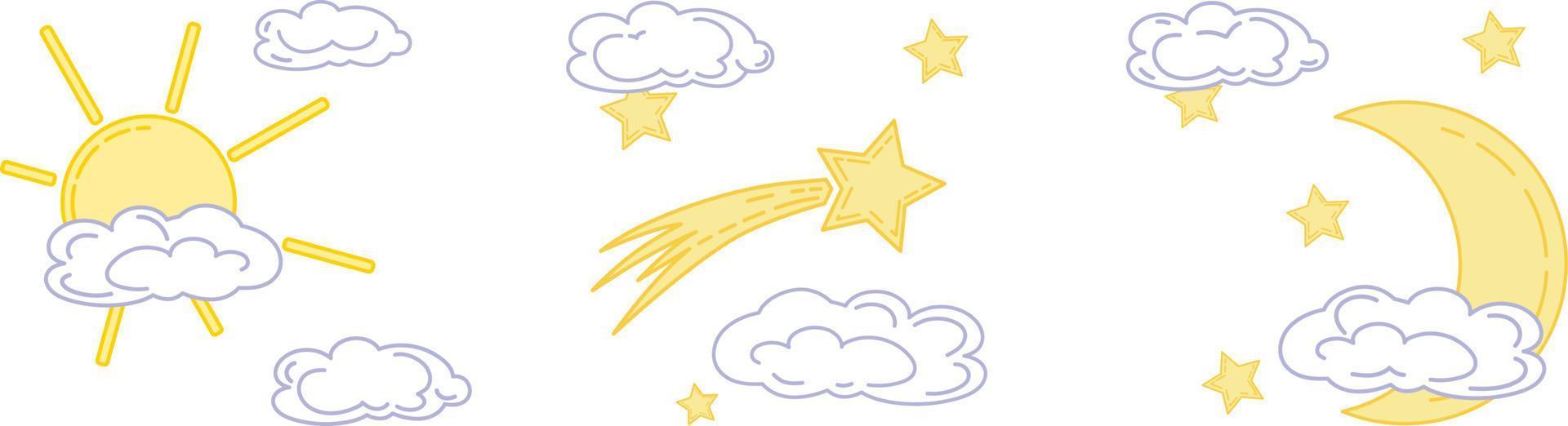 tiro stella, sole, mese, cometa e stelle nel il cielo con nuvole. vettore illustrazione di celeste corpi nel cartone animato stile