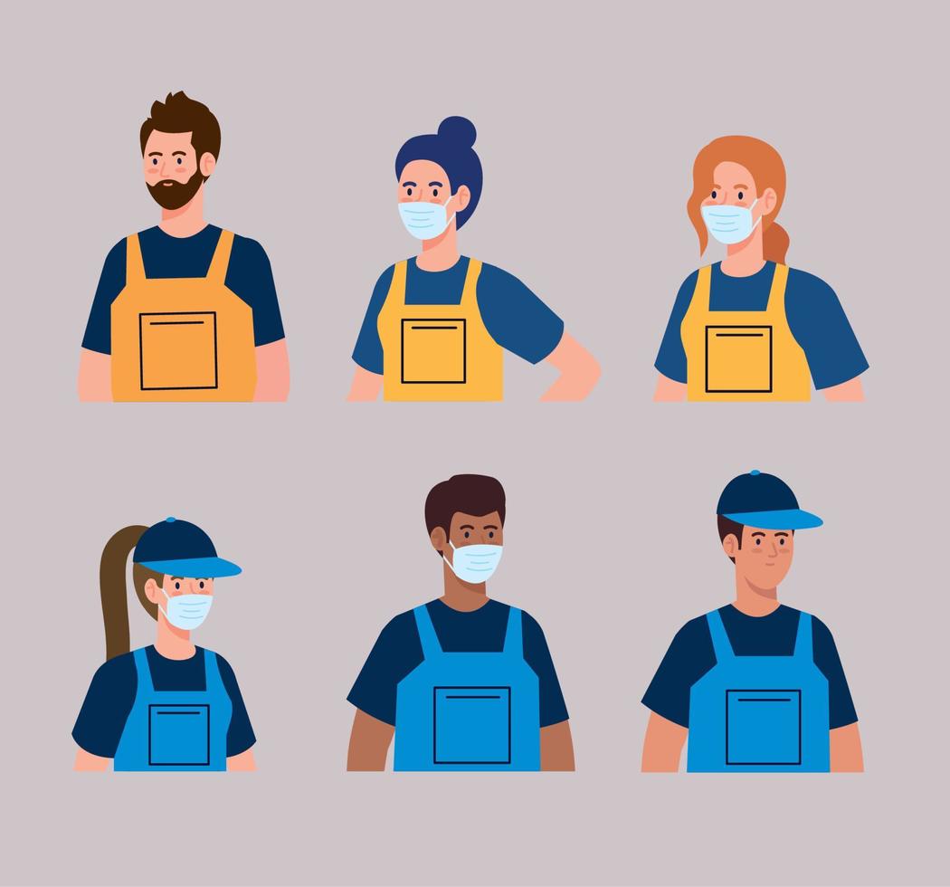 gruppo lavoratori di pulizia servizio indossare medico maschera vettore