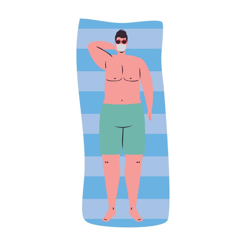 cartone animato uomo con costume da bagno e mascherina medica sul disegno vettoriale asciugamano