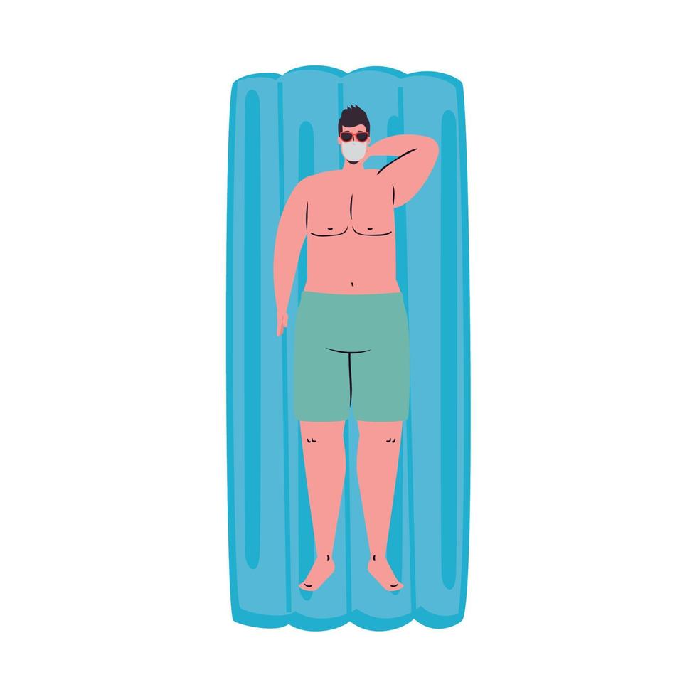 uomo cartone animato con costume da bagno e medico maschera su galleggiante vettore design