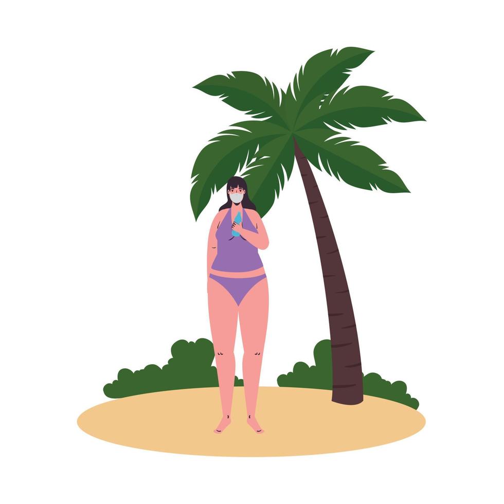 cartone animato ragazza con bikini e mascherina medica al disegno vettoriale spiaggia