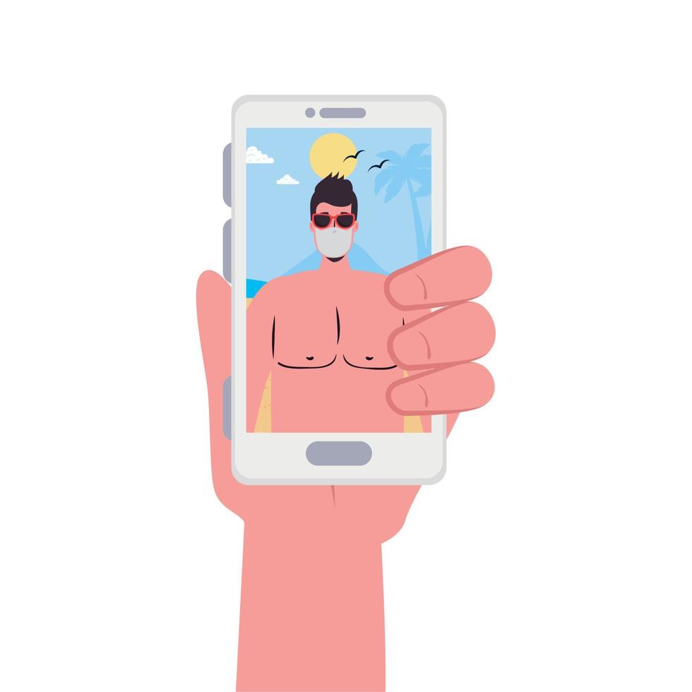 mano Tenere smartphone e uomo con maschera a il spiaggia nel video Chiacchierare vettore design