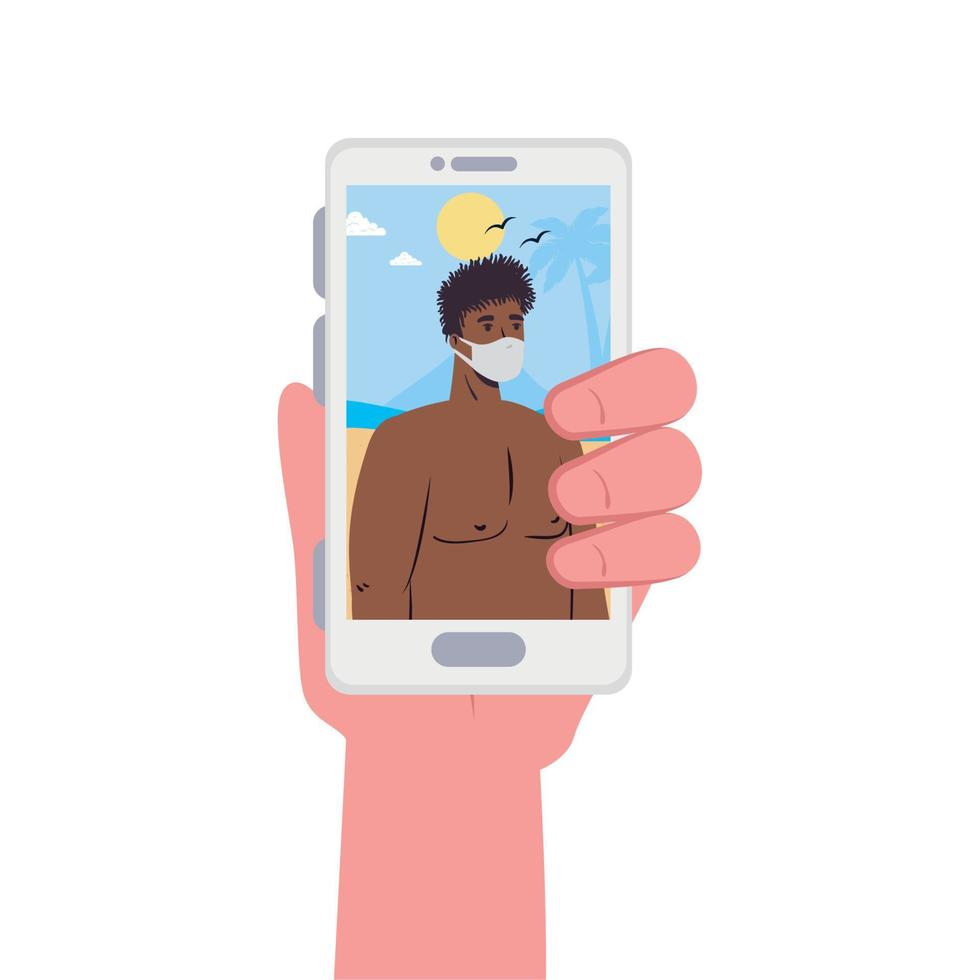 mano Tenere smartphone e uomo con maschera a il spiaggia nel video Chiacchierare vettore design