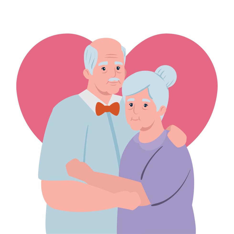 anziano coppia sorridente, vecchio donna e vecchio uomo con cuore sfondo vettore
