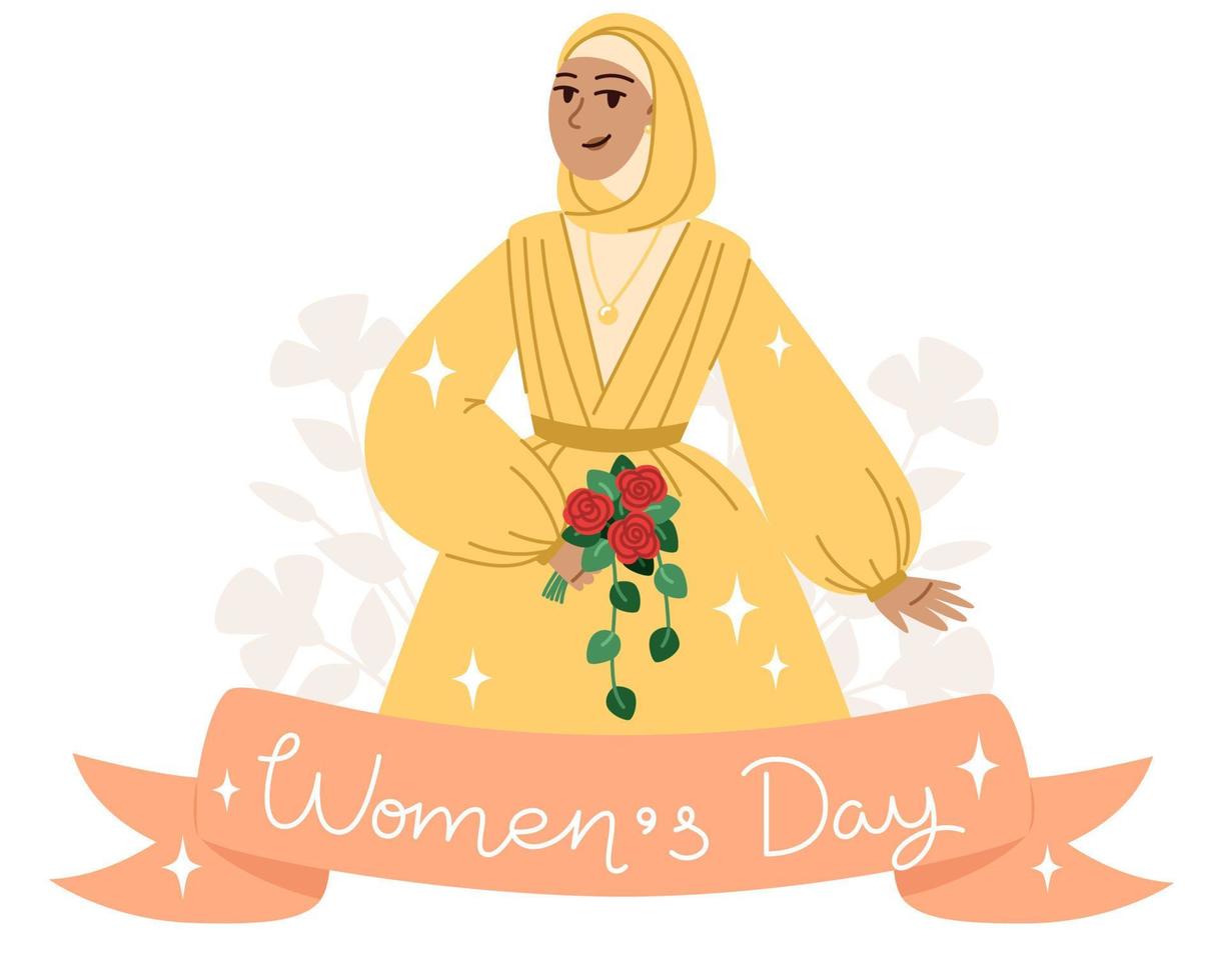 Da donna giorno saluto carta con giovane donna nel hijab nel un' piatto stile vettore