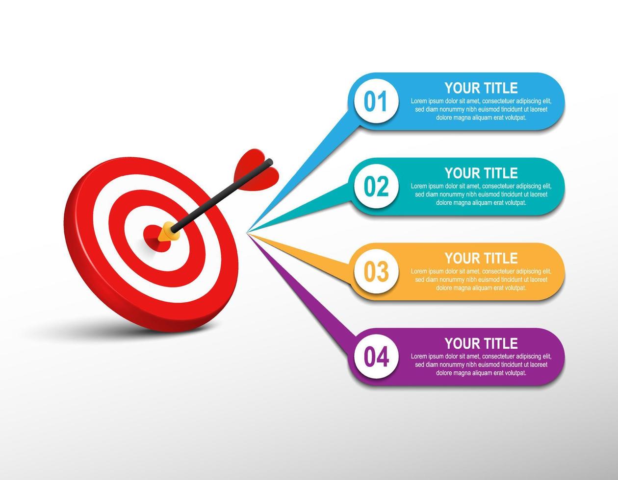 3d freccia e bersaglio per freccette con infografica. bersaglio passo numero. attività commerciale dati grafico, investimento obiettivo, marketing sfida, strategia presentazione, realizzazione diagramma. informazione vettore modello.