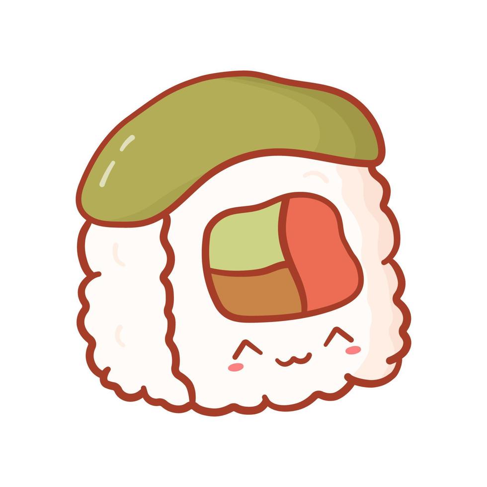 carino Sushi rotolo nel cartone animato stile. tradizionale asiatico cibo nel scarabocchio stile con contento kawaii viso. vettore illustrazione isolato su bianca sfondo