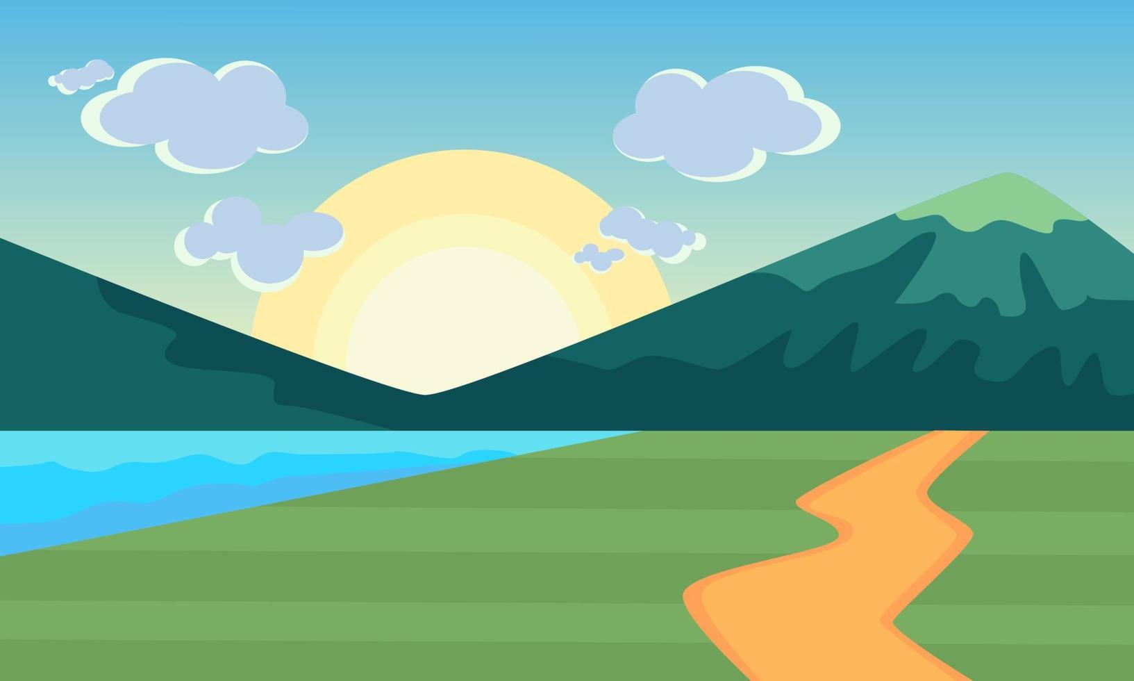 illustrazioni di natura, sole, lago, montagne e percorsi. semplice sfondo di natura. adatto per uso come un' sfondo per gadget e vario altro design scopi. vettore