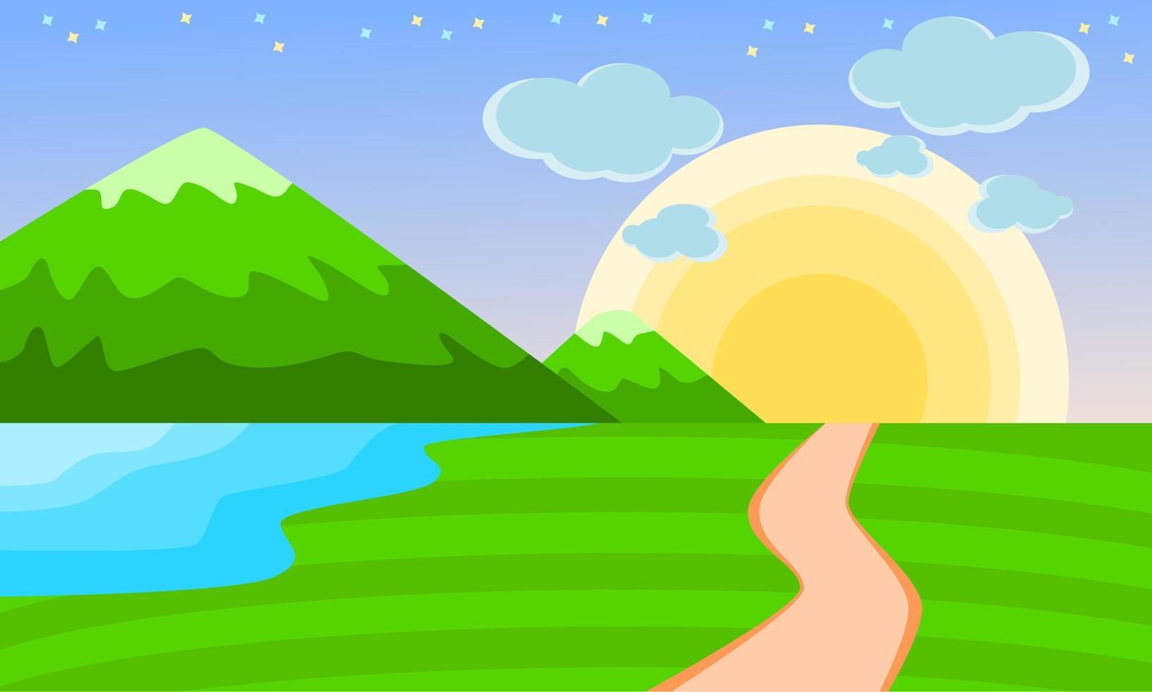illustrazioni di natura, sole, lago, montagne e percorsi. semplice sfondo di natura. adatto per uso come un' sfondo per gadget e vario altro design scopi. vettore
