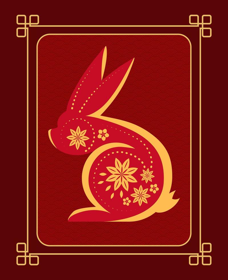 decorativo Cinese zodiacale cartello di coniglio, simbolo di il 2023 anno, saluto carta, invito, vettore arte. piatto coniglio decorato con fiori e punti.
