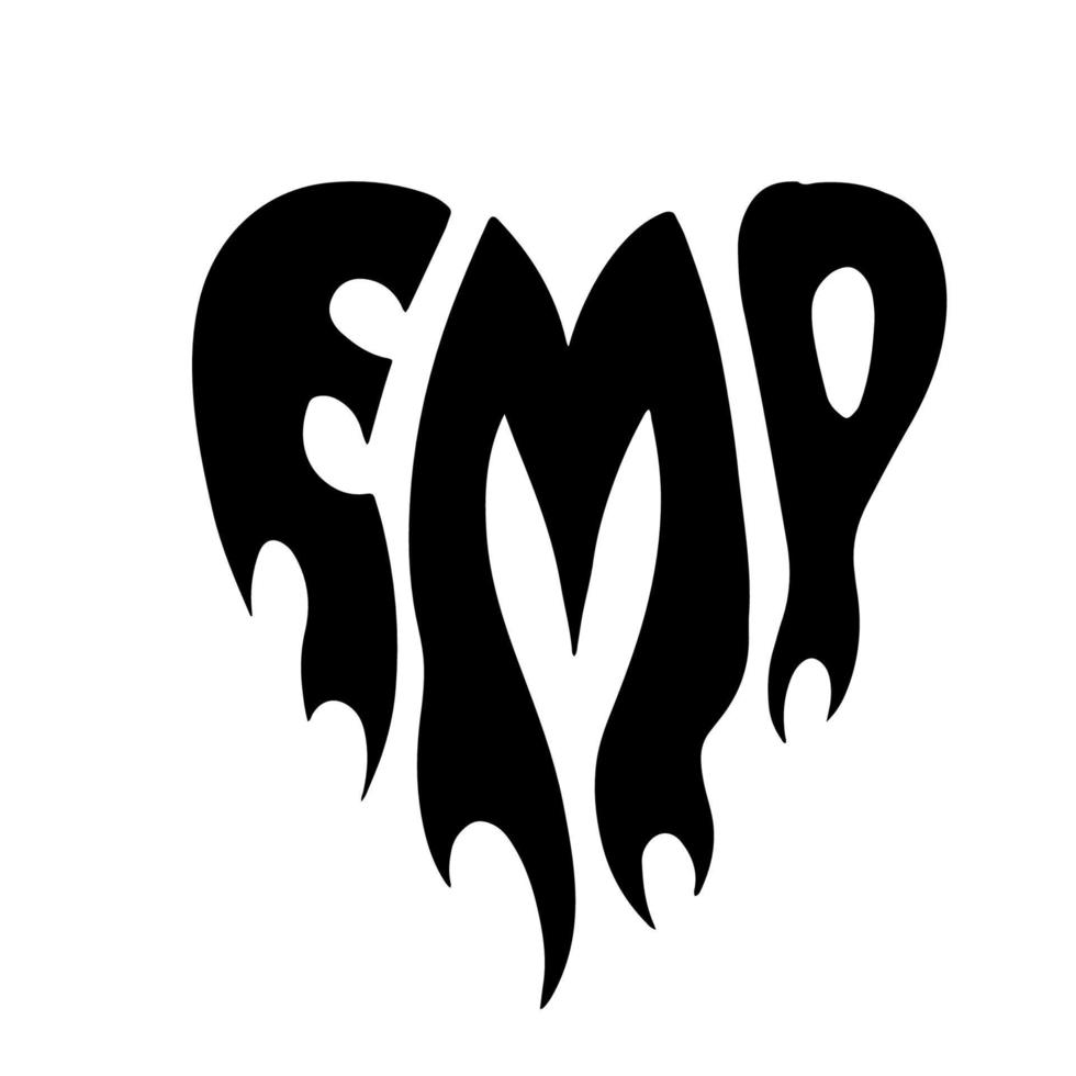 emo - lettering parola nel tatoo silhouette stile. mano disegnato testo nel cuore forma con fiamma. design elemento per manifesto, striscione, saluto carta. vettore semplice illustrazione