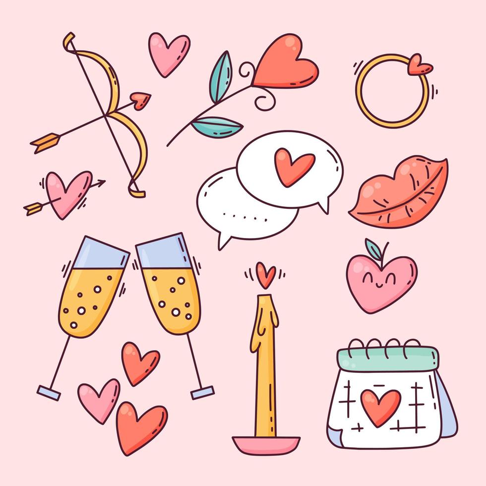 impostato di carino San Valentino giorno elementi, carino cartone animato mano disegnato stile vettore