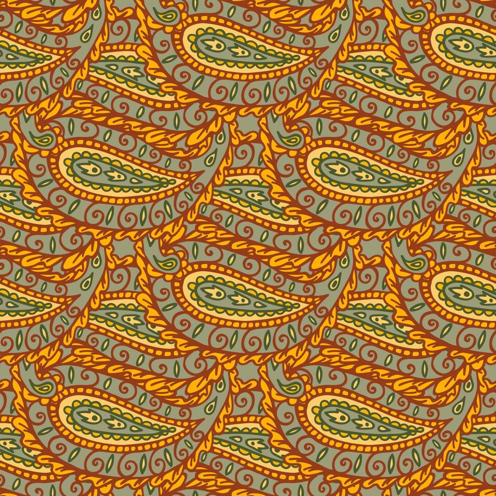 scarabocchio senza soluzione di continuità paisley modello. giallo, Marrone, verde colore. scarabocchio stile. tessile Stampa. indiano paisley floreale senza soluzione di continuità modello. colorato asiatico stile floreale modello. vettore illustrazione.