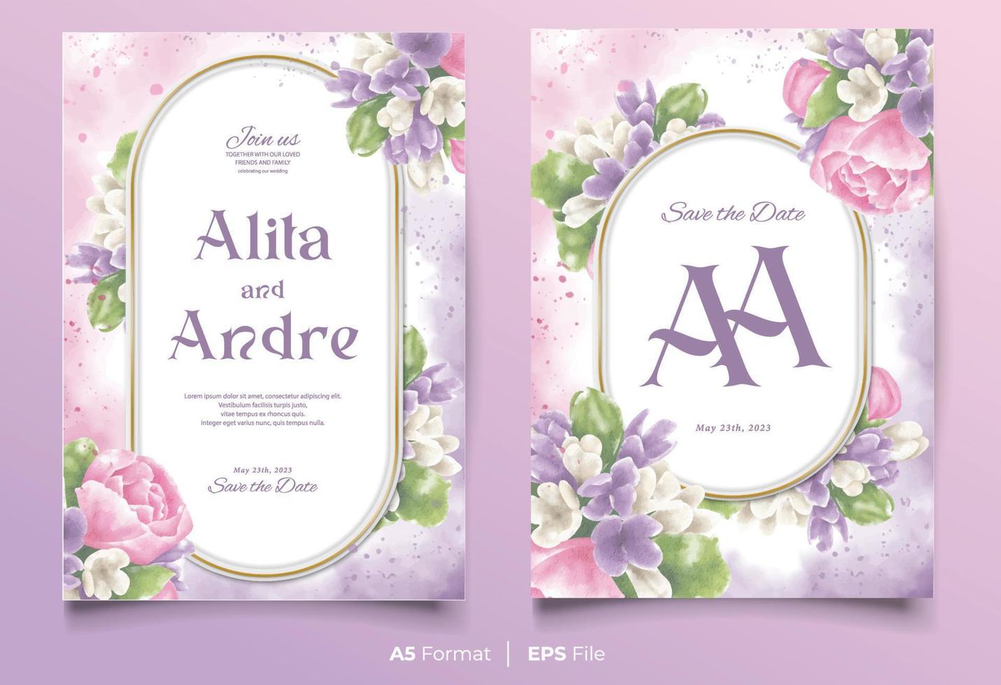 modello di invito a nozze ad acquerello con ornamento floreale rosa e viola vettore