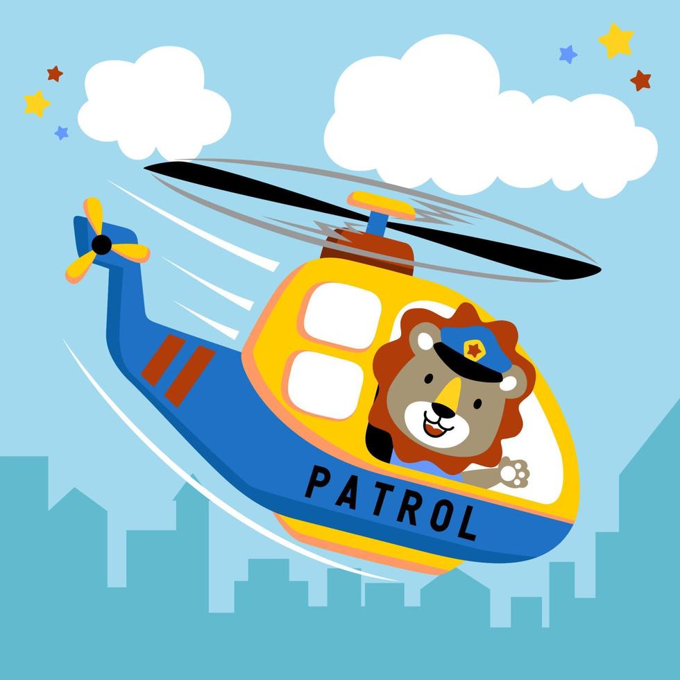 divertente Leone guida elicottero su edifici sfondo vettore