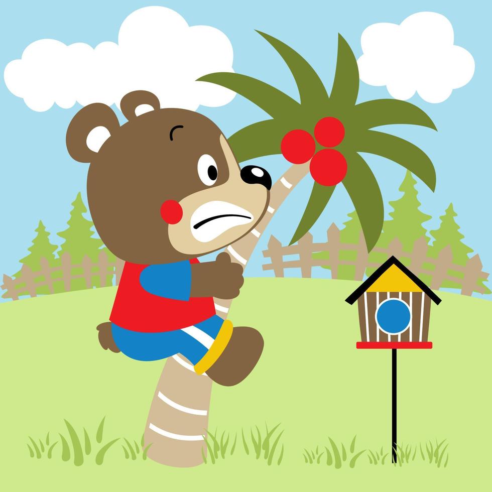 carino orso arrampicata palma albero nel giardino, vettore cartone animato illustrazione