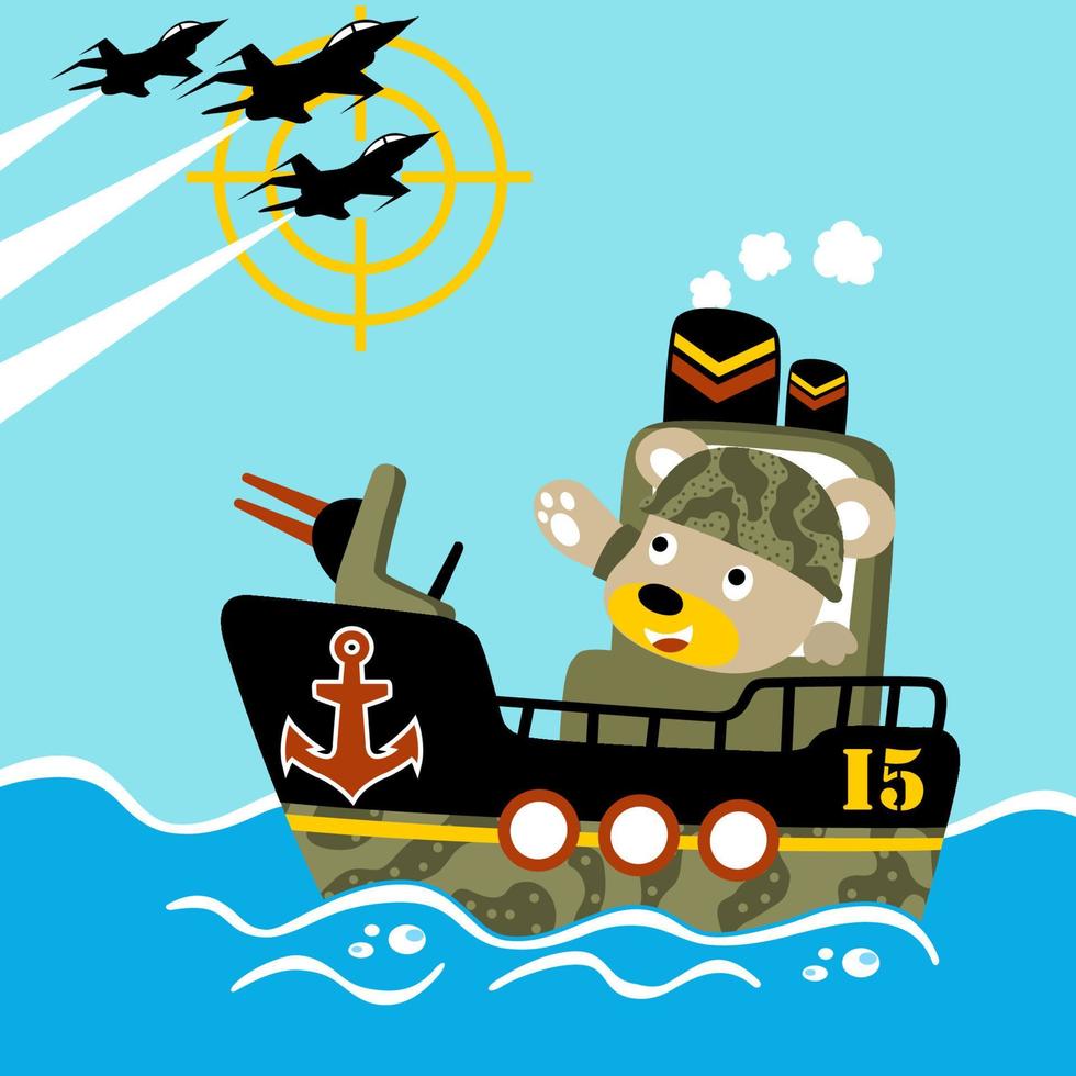 divertente orso su nave da guerra nel il oceano, tre combattente Jet volare, vettore cartone animato illustrazione
