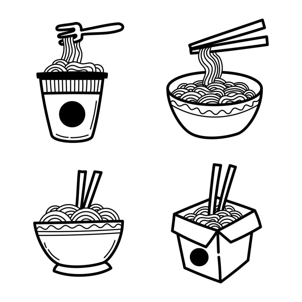 impostato di spaghetto scarabocchio illustrazioni isolato su bianca sfondo. disegnato a mano tagliatelle vettore