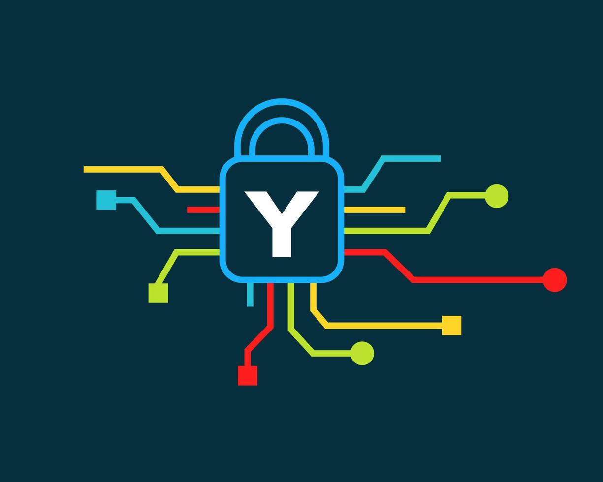 lettera y informatica sicurezza logo. informatica protezione, tecnologia, biotecnologia e alto Tech vettore