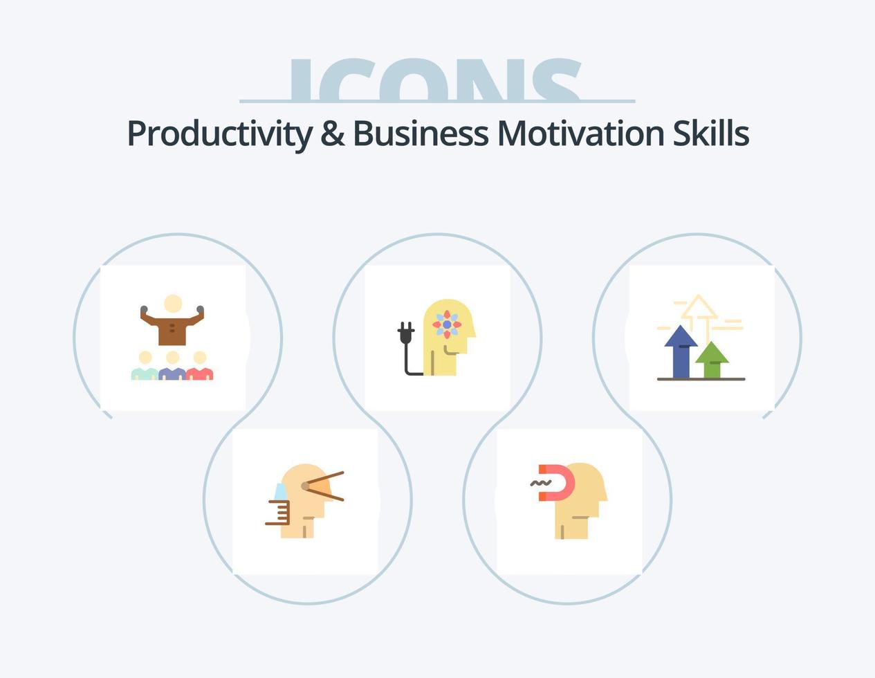 produttività e attività commerciale motivazione abilità piatto icona imballare 5 icona design. potenziamento. potenziamento. influenza. squadra. mentore vettore