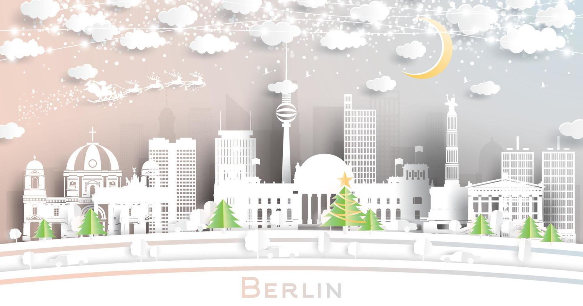 Berlino Germania città orizzonte nel carta tagliare stile con fiocchi di neve, Luna e neon ghirlanda. vettore