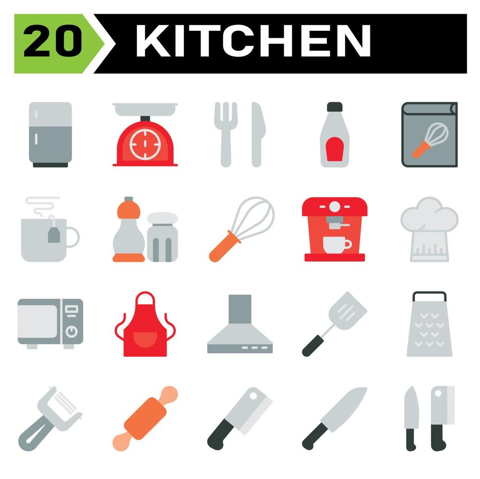 cucina attrezzatura icona impostato includere frigorifero, frangia, cucina, attrezzatura, bilancia, scala, il peso, forchetta, coltello, posate, bottiglia, salsa, pomodoro, ketchup, ricetta, prenotare, cucinare, libro di cucina, cucinando, caffè vettore