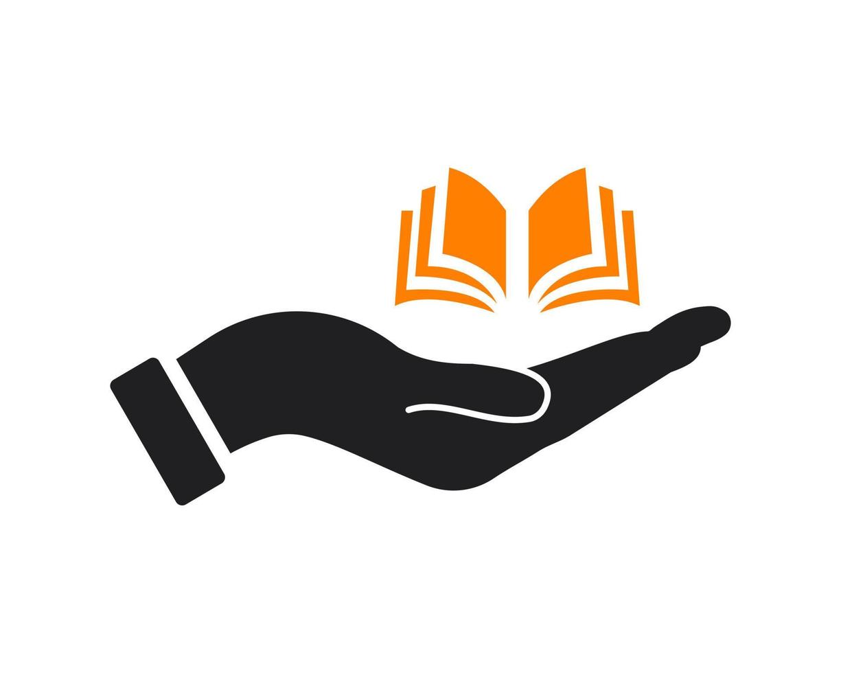 mano libro logo design. formazione scolastica logo con mano concetto vettore. mano e libro logo design vettore