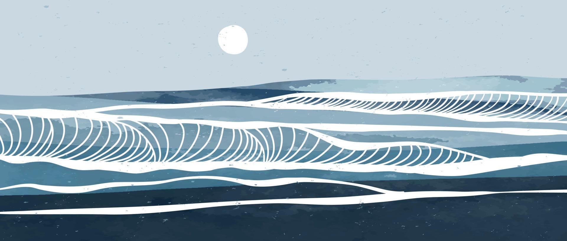 blu oceano onda paesaggio. creativo minimalista moderno dipingere e linea arte Stampa. astratto contemporaneo estetico sfondi paesaggi. con oceano, mare, orizzonte, onda. vettore illustrazioni