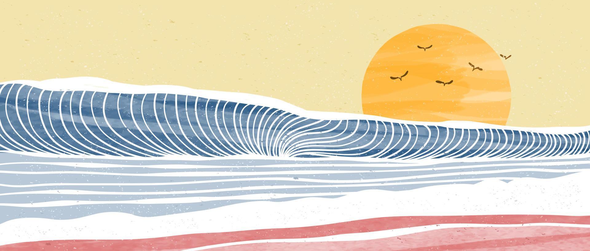 oceano onda manifesto. creativo minimalista moderno dipingere e linea arte Stampa. astratto contemporaneo estetico sfondi paesaggi. con oceano, mare, spiaggia e onda. vettore illustrazioni