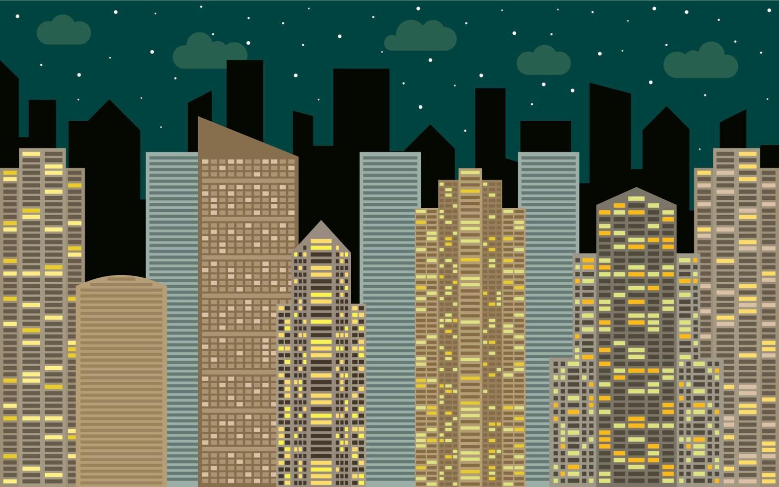 notte urbano paesaggio. strada Visualizza con paesaggio urbano, grattacieli e moderno edifici a soleggiato giorno. città spazio nel piatto stile sfondo concetto. vettore