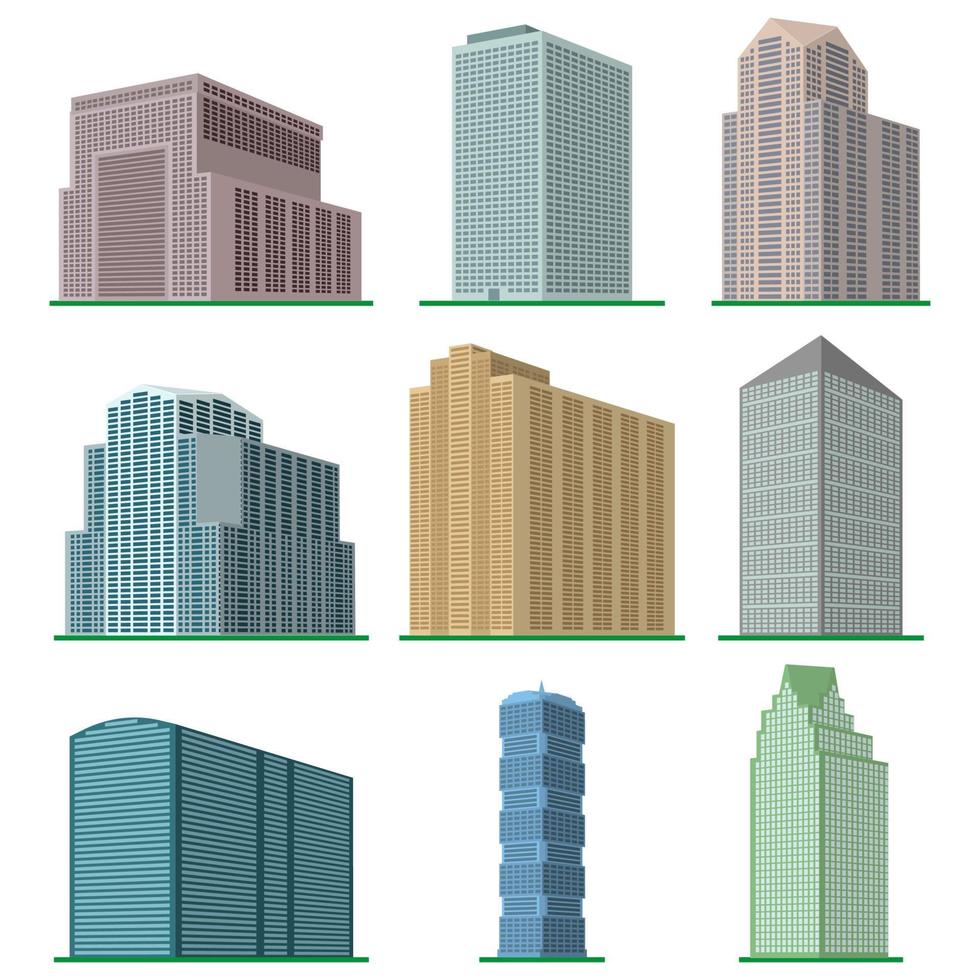 impostato di nove moderno grattacielo edificio su un' bianca sfondo. Visualizza di il edificio a partire dal il parte inferiore. isometrico vettore illustrazione.