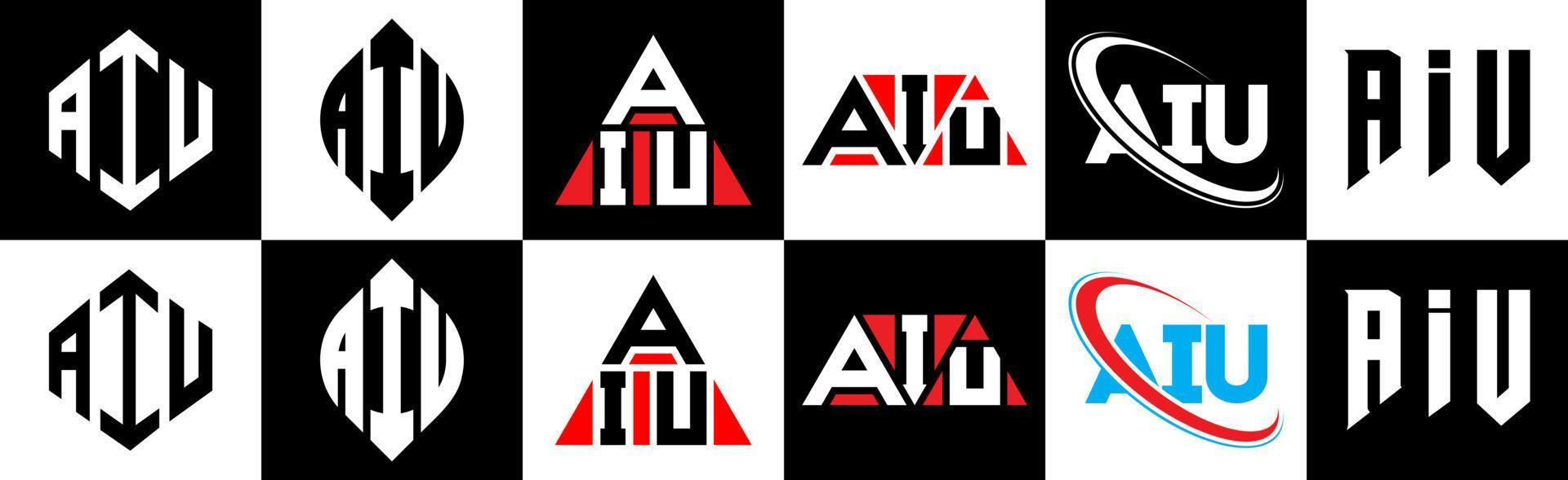 aiu lettera logo design nel sei stile. aiu poligono, cerchio, triangolo, esagono, piatto e semplice stile con nero e bianca colore variazione lettera logo impostato nel uno tavola da disegno. aiu minimalista e classico logo vettore