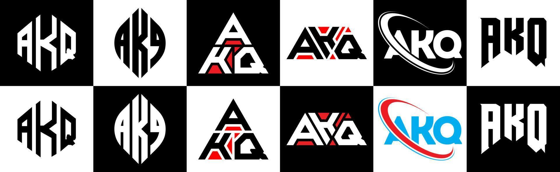 akq lettera logo design nel sei stile. akq poligono, cerchio, triangolo, esagono, piatto e semplice stile con nero e bianca colore variazione lettera logo impostato nel uno tavola da disegno. akq minimalista e classico logo vettore