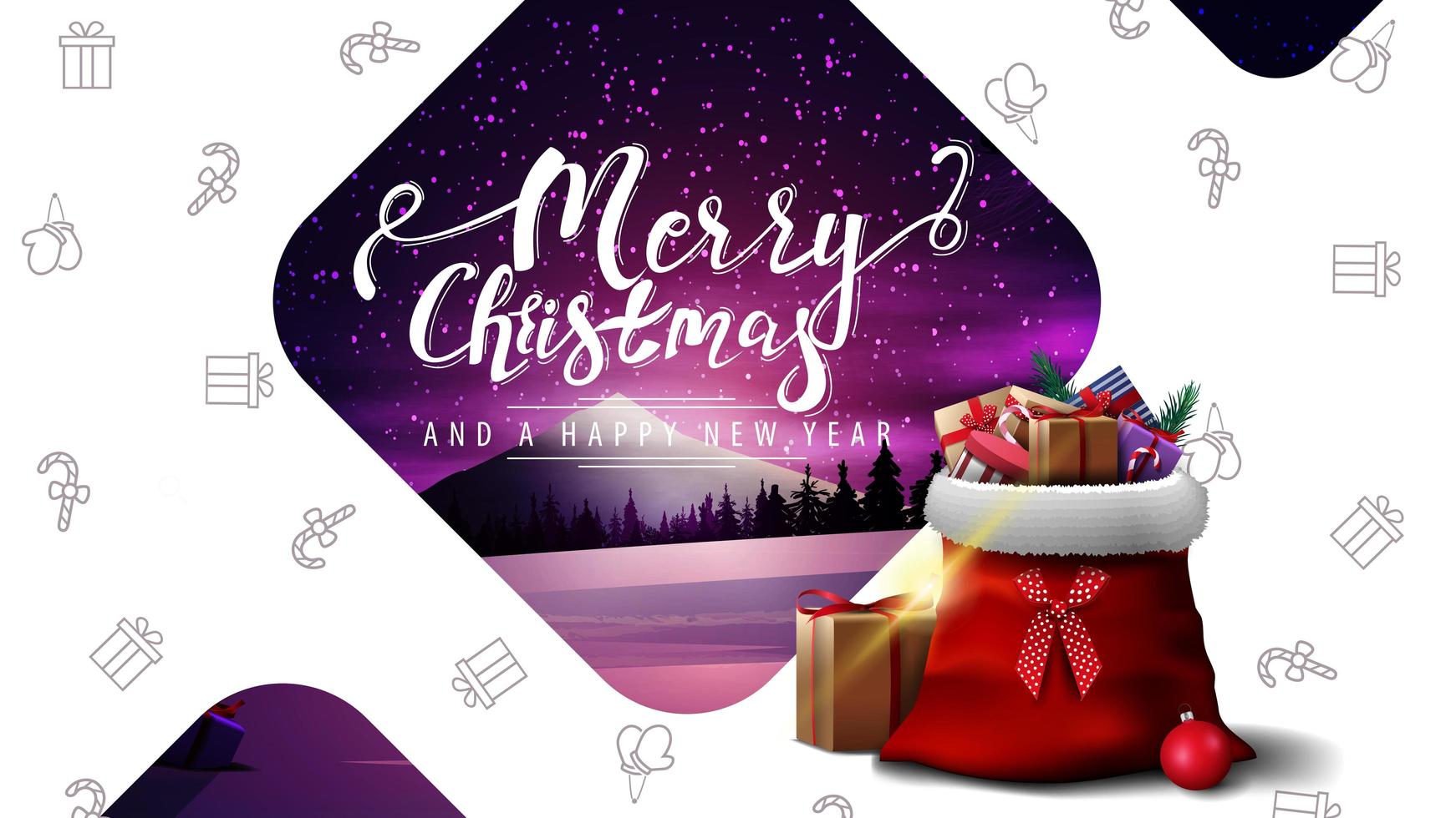 cartolina con paesaggio invernale e borsa di Babbo Natale vettore