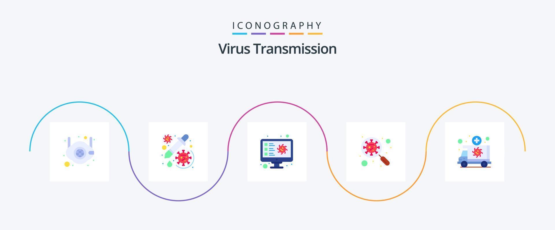 virus trasmissione piatto 5 icona imballare Compreso emergenza. interfaccia. computer. bicchiere. scansione virus vettore