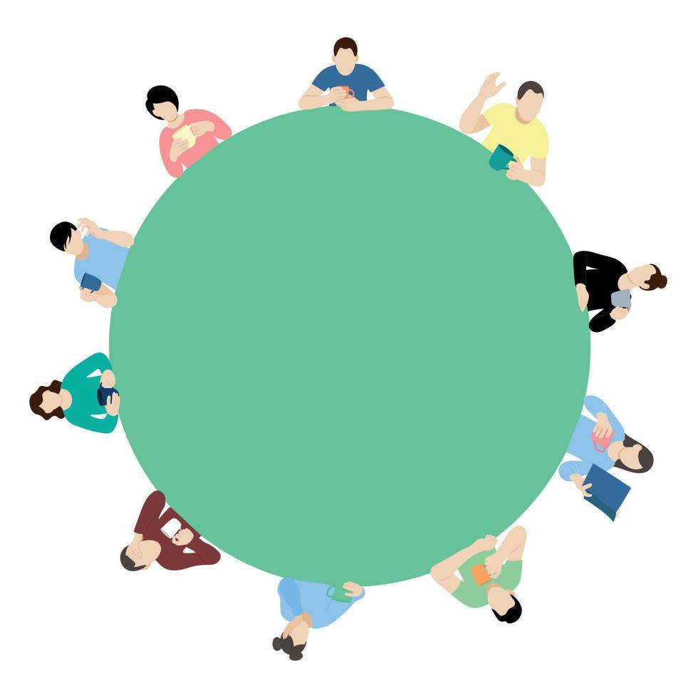 ritratti di persone con tazze nel loro mani in giro un' verde cerchio, piatto vettore, isolato su bianca, senza volto illustrazione, bar concetto, planetario scala tè festa vettore