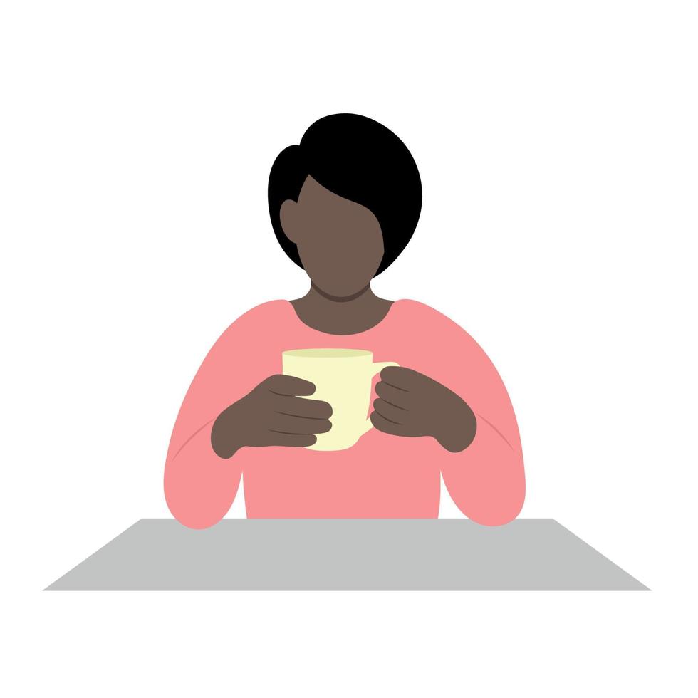 ritratto di un' nero ragazza con un' corto taglio di capelli chi si siede a un' tavolo con un' tazza nel sua mani, piatto vettore, isolato su bianca, senza volto illustrazione, caffè rompere vettore